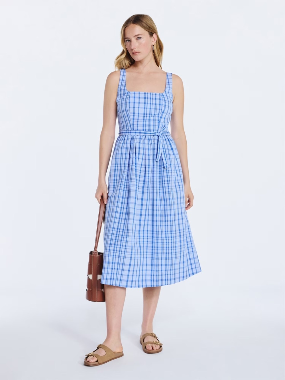 NEW free Assembly Blue Plaid Square-Neck Midi Dress